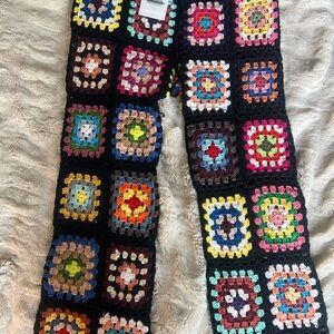 Vintage High Waist Wide Leg Granny Square Crochet Hand Knit Pants